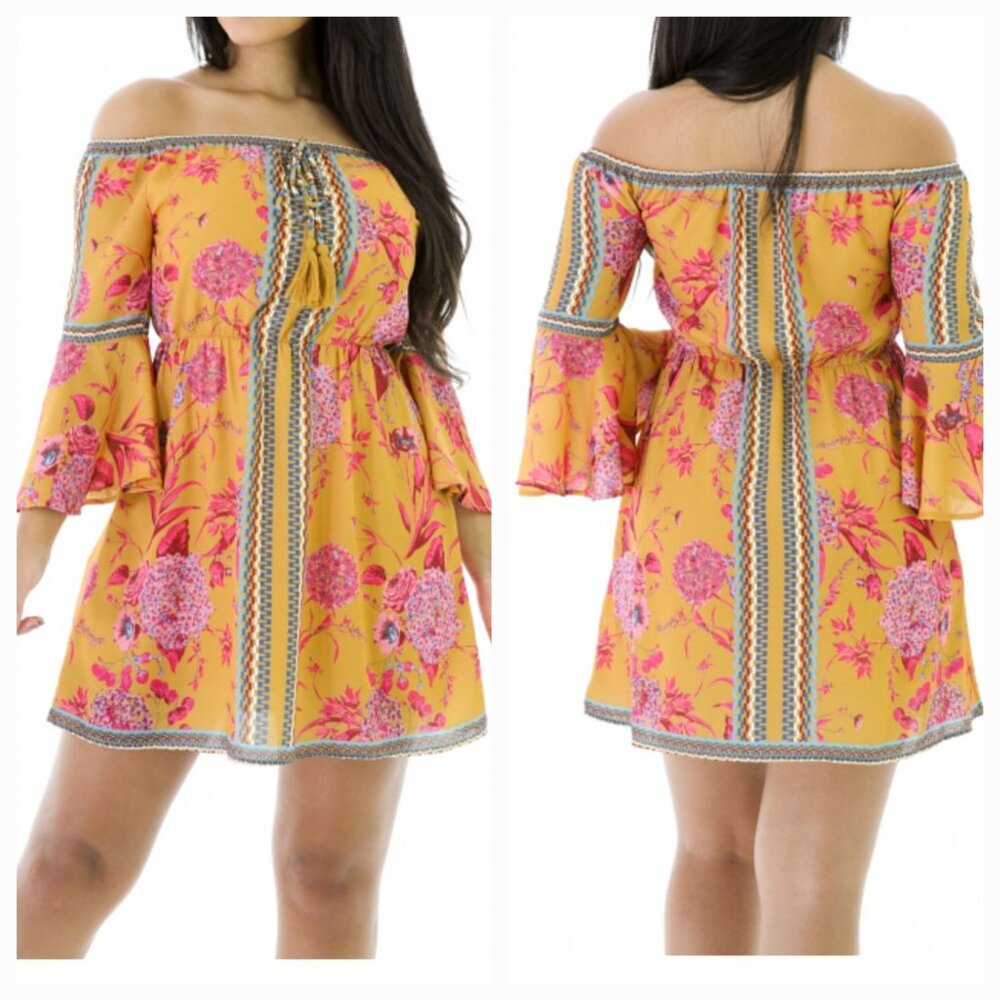 Jealous Tomato Floral Print Off-The-Shoulder Bell Sleeves Dress. Size S